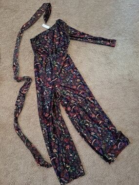New York & Company One-Shoulder Floral Jumpsuit in Black with Multi-Color Print
